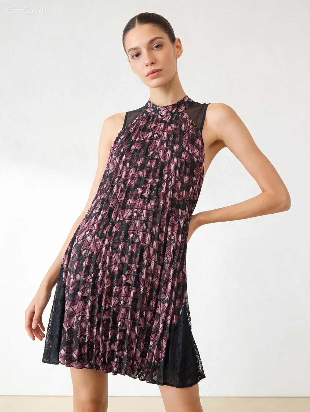 BCBGeneration Women's Dress Floral Pleated Black Lace Detail SMALL